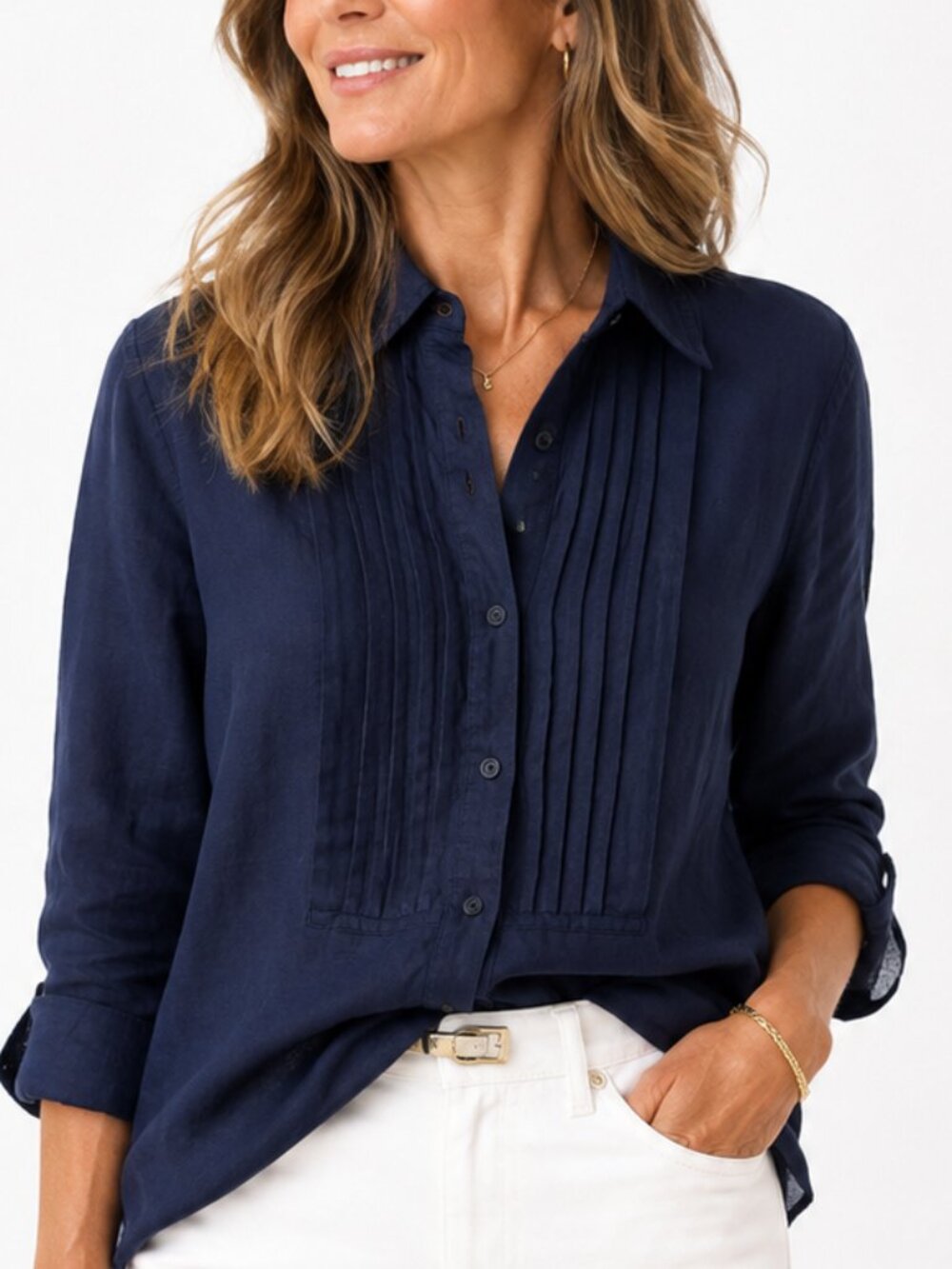 Jones New York 100% Linen Pintuck Button Down Blouse Blue Size S